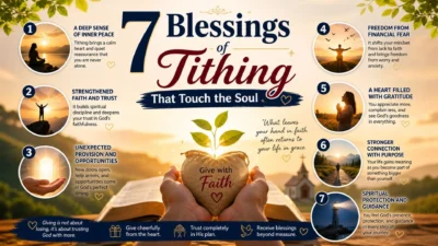 7 blessings of tithing infographic about faith, peace, provision, gratitude, purpose, and spiritual guidance