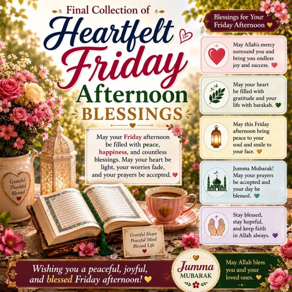 Heartfelt Friday afternoon blessings image with Quran, flowers, lantern, coffee cup, and Jumma Mubarak wishes
