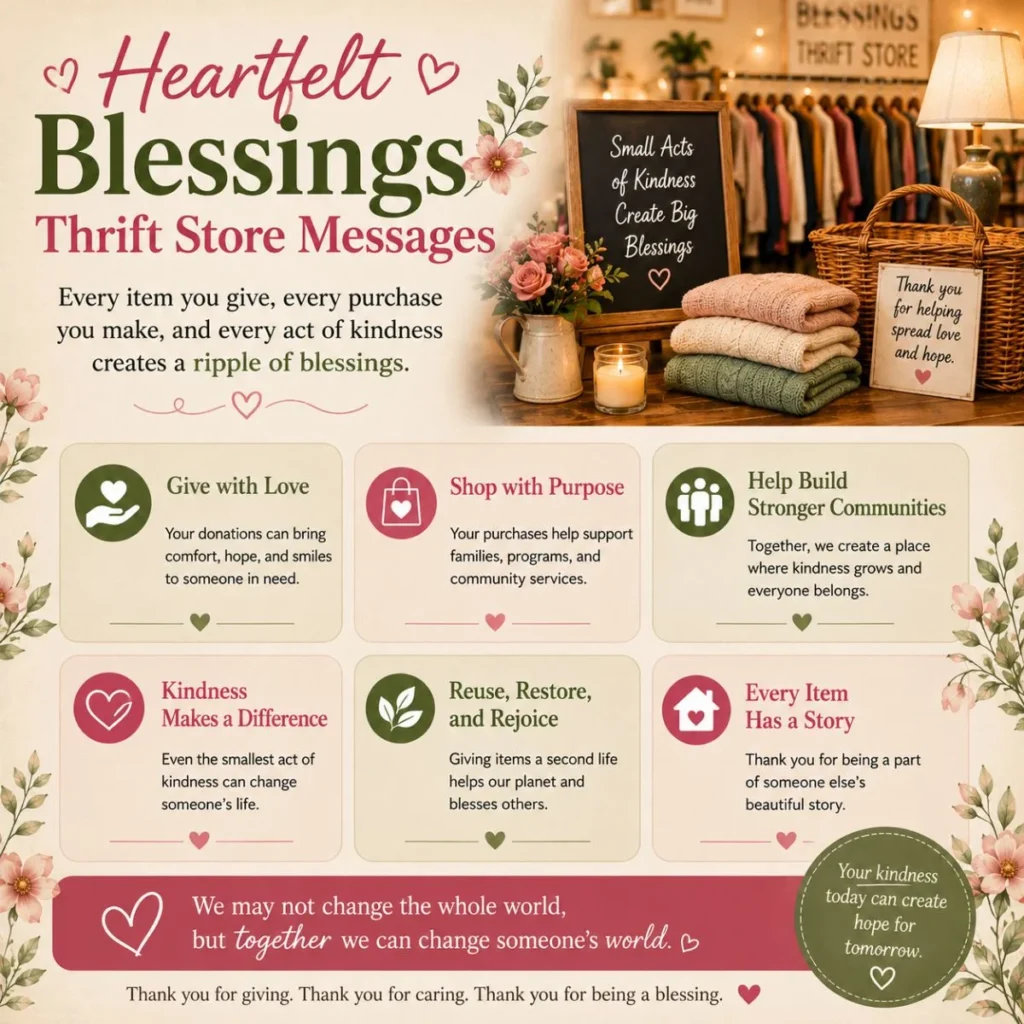 Heartfelt blessings thrift store messages about giving, kindness, community support, and hope