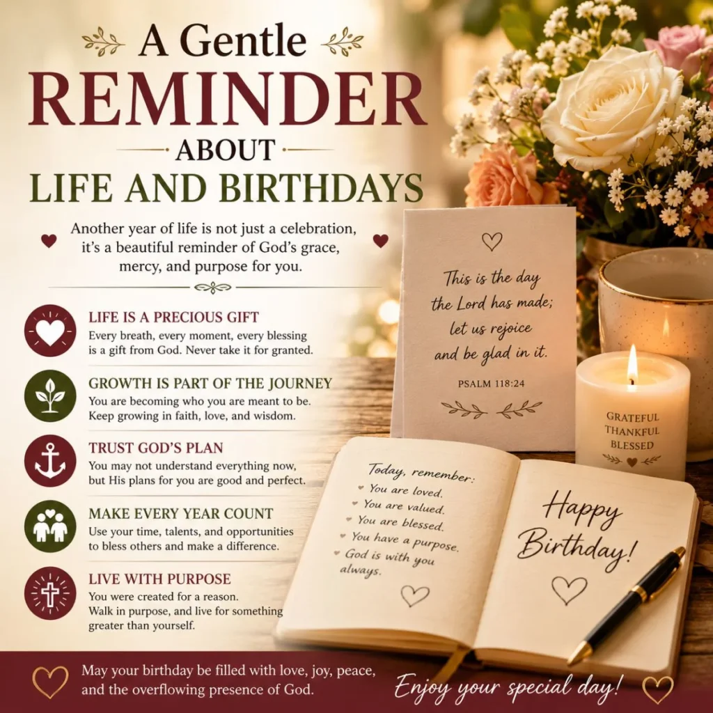 Gentle birthday reminder image with Bible verse, flowers, candle, and inspirational Christian birthday message