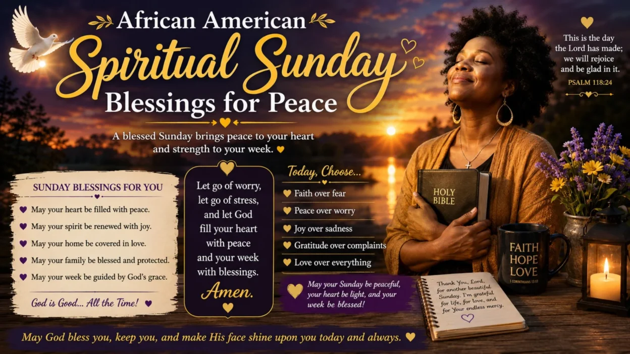 African American spiritual Sunday blessings with peaceful woman, Bible, sunrise, candle, and faith message