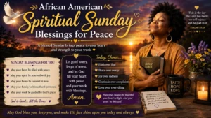 African American spiritual Sunday blessings with peaceful woman, Bible, sunrise, candle, and faith message
