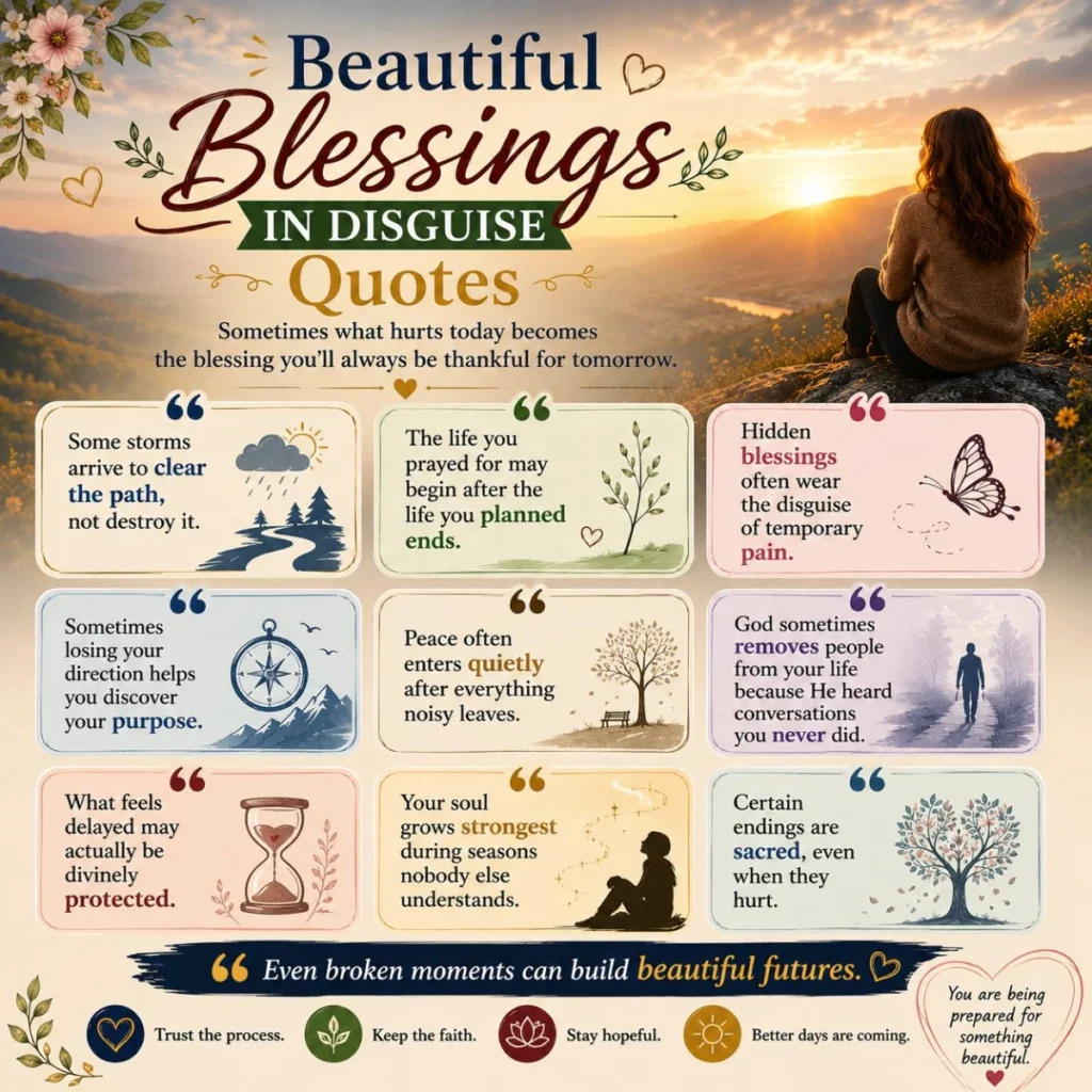 Beautiful blessings in disguise quotes graphic with sunset landscape and inspirational healing messages