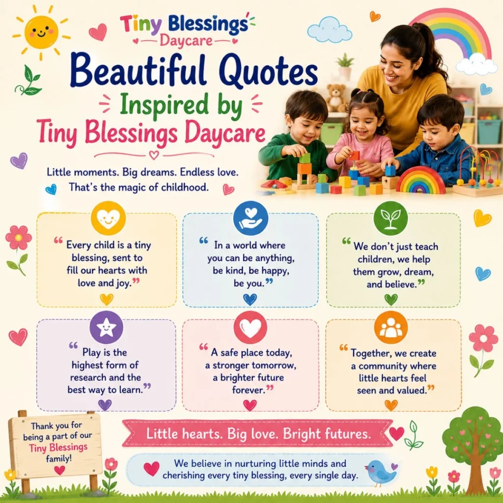 Colorful Tiny Blessings Daycare quotes poster with happy children, inspiring sayings, and playful learning themes
