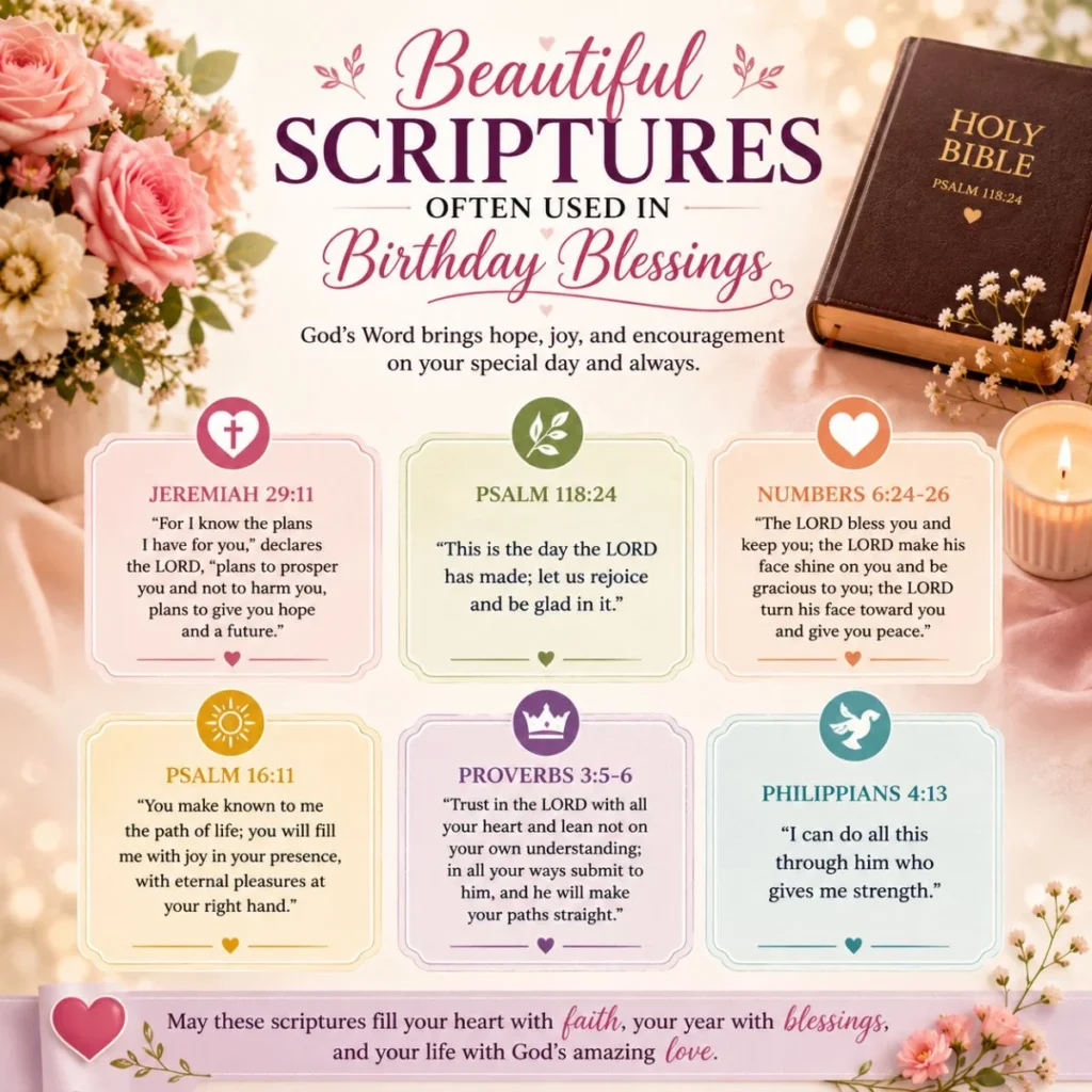 Beautiful Bible scriptures for birthday blessings with flowers, candle, and inspirational Christian messages