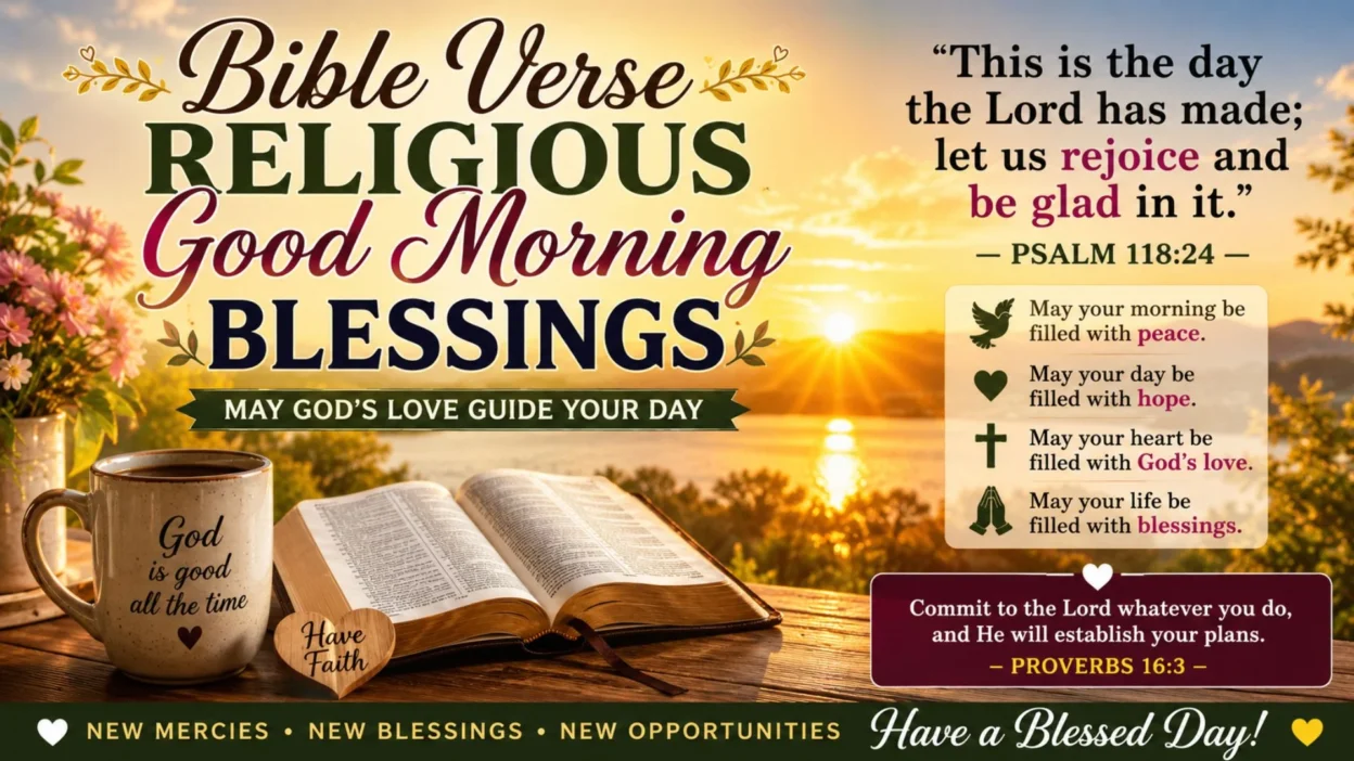 Bible verse religious good morning blessings with sunrise, open Bible, coffee, and peaceful Psalm message
