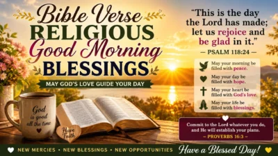 Bible verse religious good morning blessings with sunrise, open Bible, coffee, and peaceful Psalm message