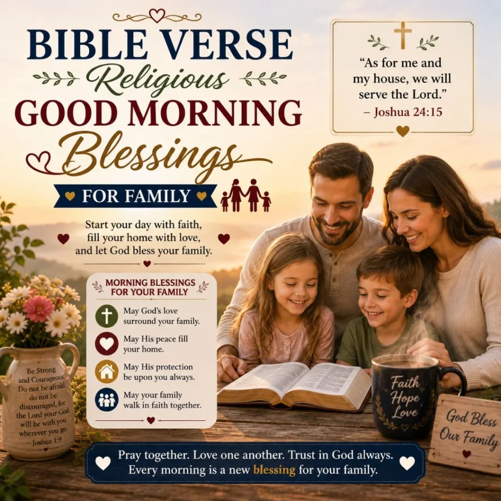 Bible verse religious good morning blessings for family image with happy family, open Bible, coffee mug, and sunrise
