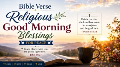 Bible verse religious good morning blessings image with sunrise, open Bible, coffee mug, and peaceful scripture quotes