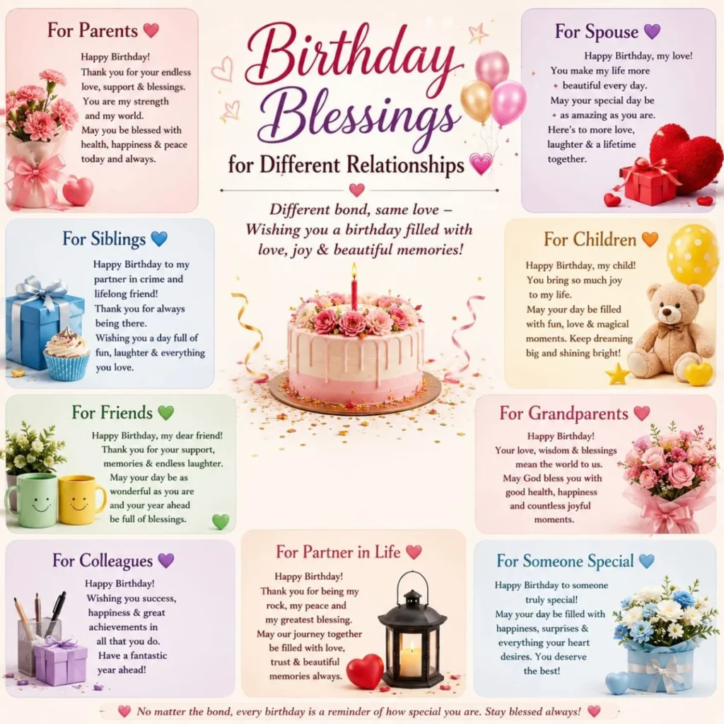 Birthday blessings collage for parents, friends, spouse, children, grandparents, and loved ones with cake and flowers
