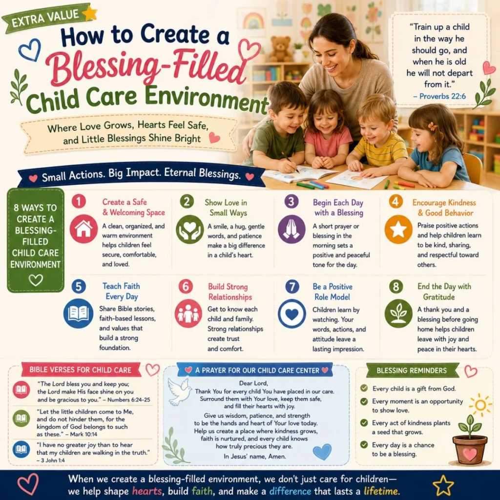 Blessing-filled child care environment poster with caregiver, children, faith values, prayers, and kindness tips