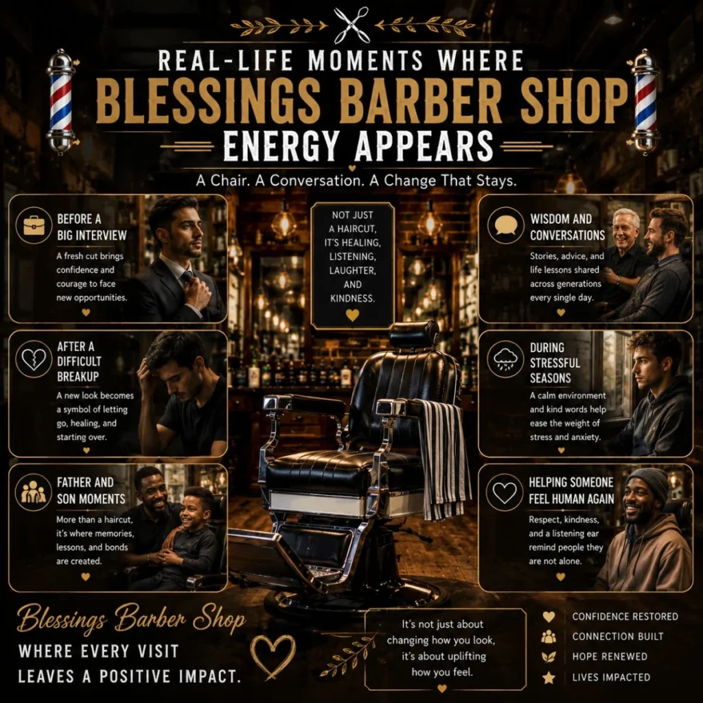 Blessings barber shop real-life moments with vintage chair, kindness, confidence, and community scenes