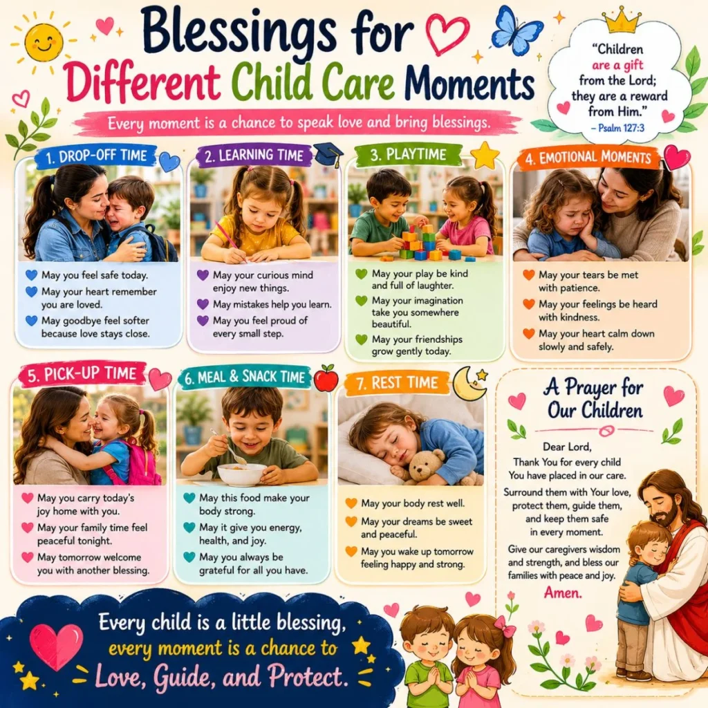 Child care blessings poster with drop-off, learning, playtime, meals, rest time, prayer, and faith-based care