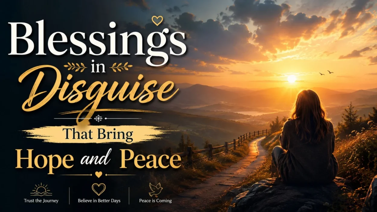 Blessings in disguise inspirational landscape with sunset, peaceful woman, and hopeful spiritual quote