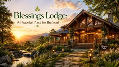 Blessings Lodge at sunset with peaceful wooden cabin, garden, mountains and calm water for soul healing