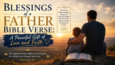 Father and son watching sunset with Bible, illustrating blessings of a father Bible verse and family faith