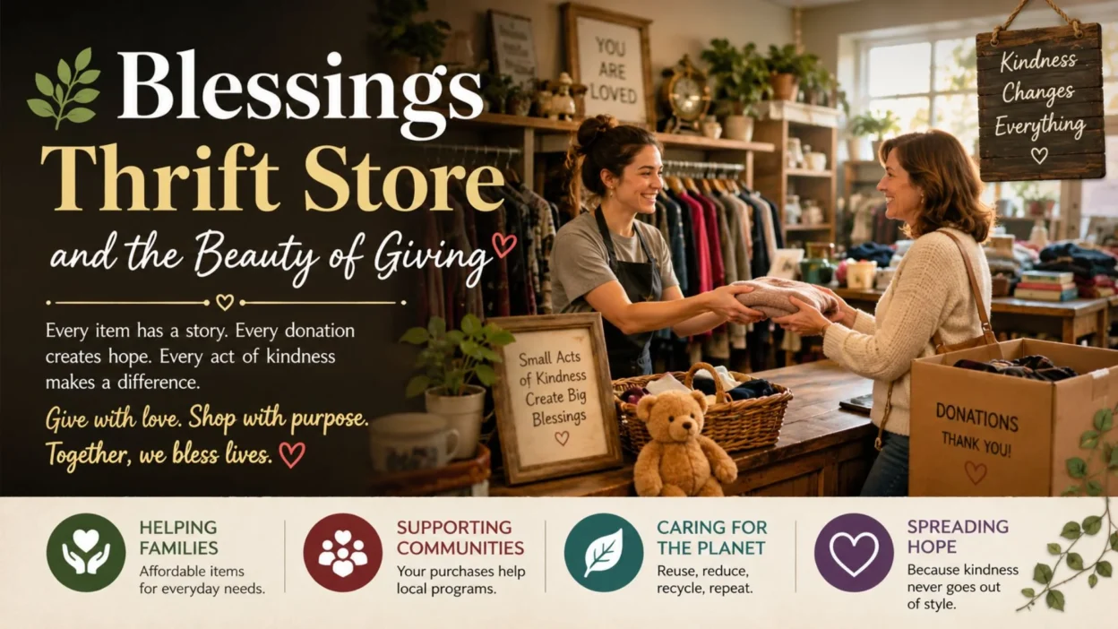 Blessings thrift store scene showing kindness, donations, affordable items, and community hope
