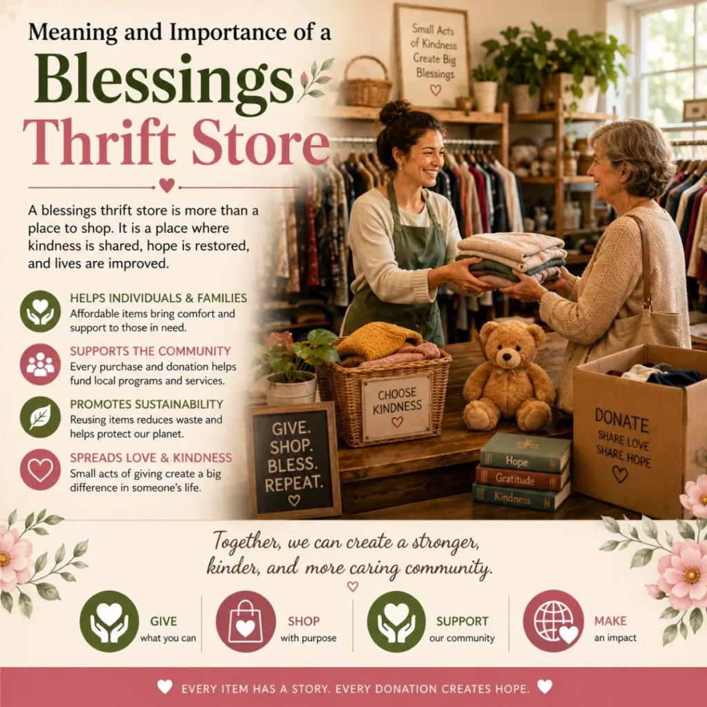 Blessings thrift store infographic showing kindness, donations, community support, and sustainable giving