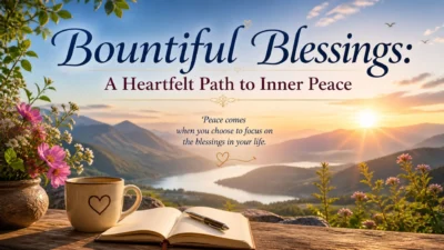 Serene sunrise over mountains with river, flowers, and journal showing bountiful blessings message for peace and reflection
