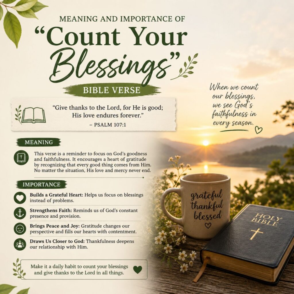 Count Your Blessings Bible verse image with Holy Bible, gratitude mug, sunrise, and inspirational faith message
