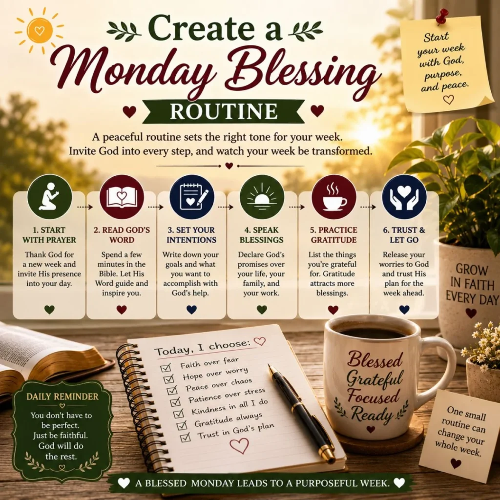 Monday blessing routine with Bible, coffee mug, journal, prayer steps, and peaceful weekly faith reminders