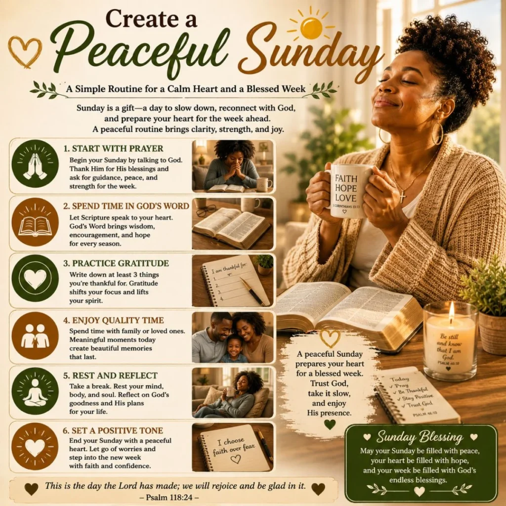 Peaceful Sunday routine with praying woman, Bible, faith mug, candle, gratitude, and Sunday blessings