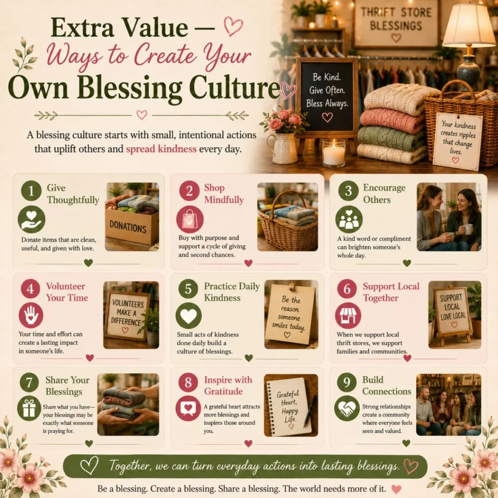 Blessing culture thrift store infographic with donation, kindness, volunteering, gratitude, and community support