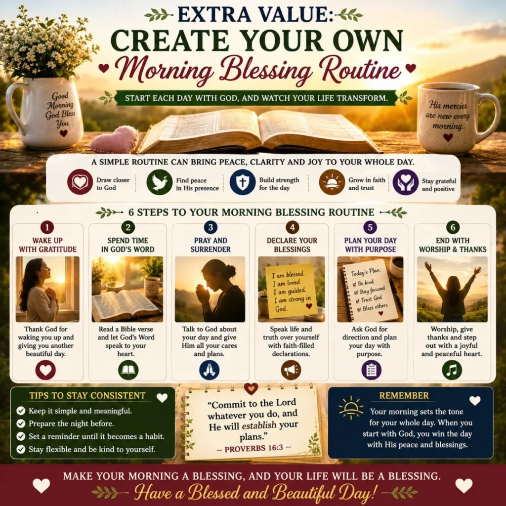 Morning blessing routine with Bible, prayer, gratitude, worship, sunrise, and Proverbs 16:3 scripture