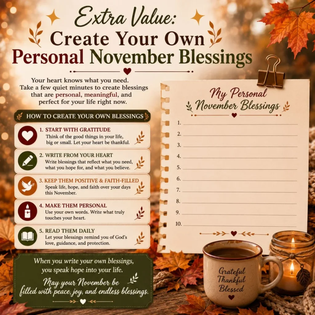 Create your own personal November blessings with gratitude journal, candlelight, autumn leaves, and cozy fall decor