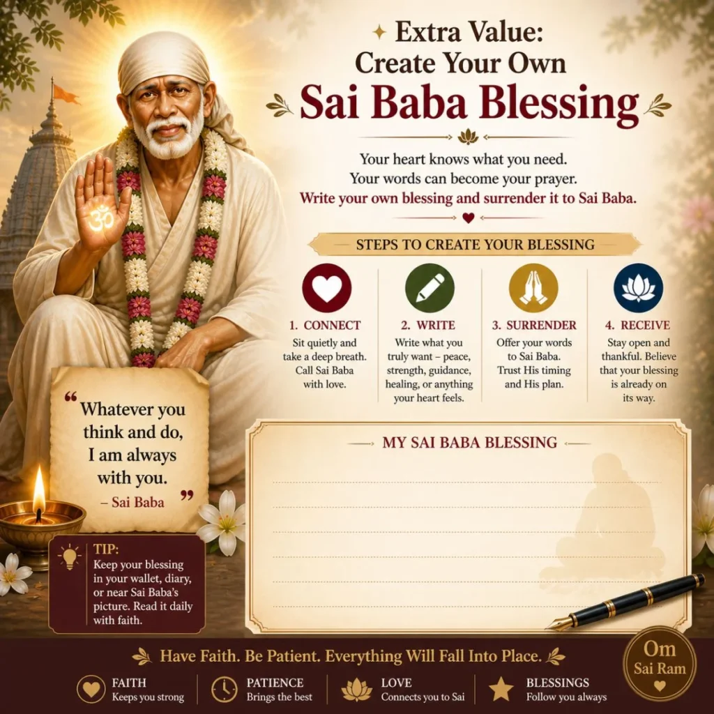 Sai Baba blessings image with steps to create your own blessing, temple background and spiritual guidance message