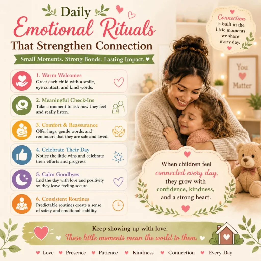 Daily emotional rituals that strengthen connection with caregiver hugging child in a loving, calm childcare setting