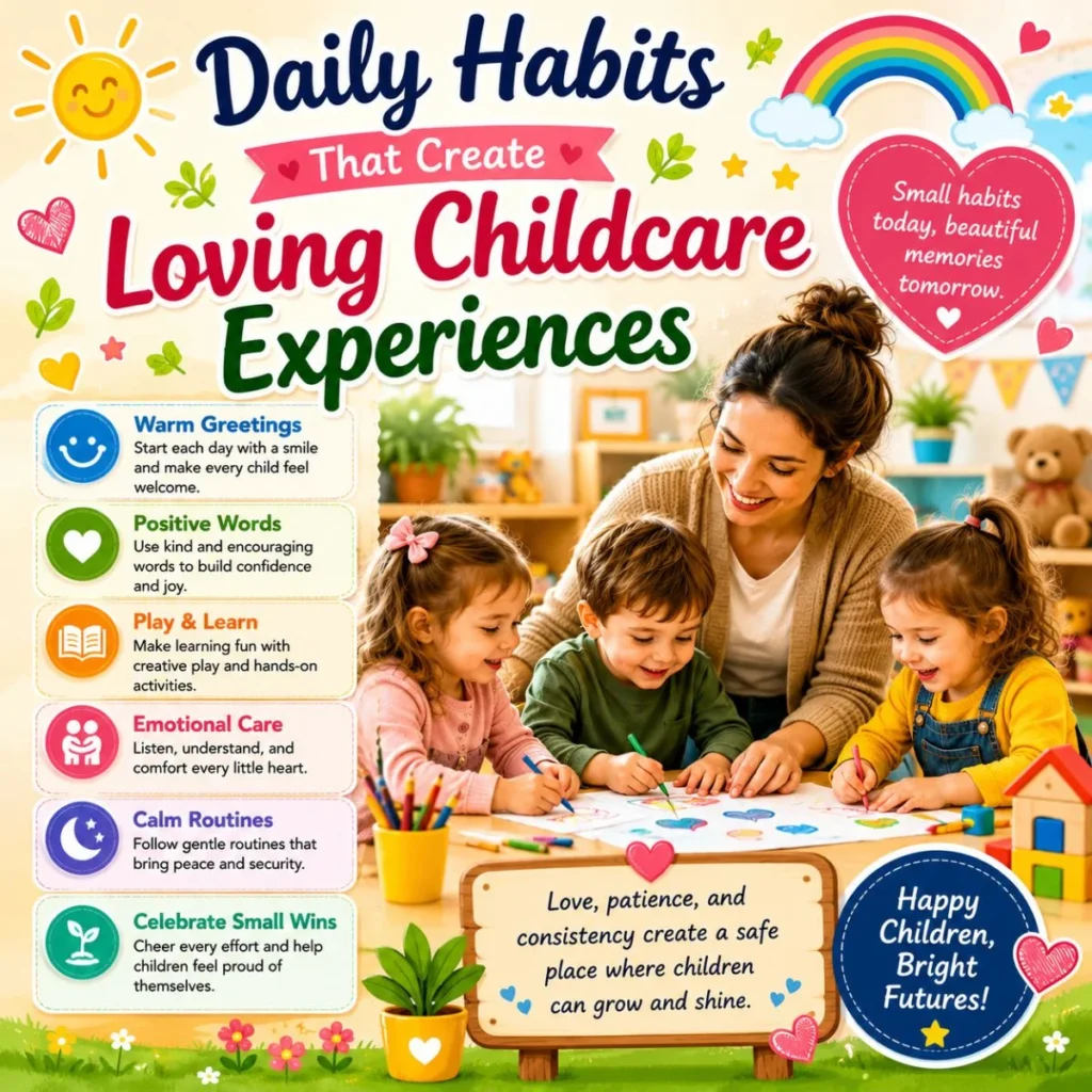 Daily habits that create loving childcare experiences with caring teacher and happy children learning through play