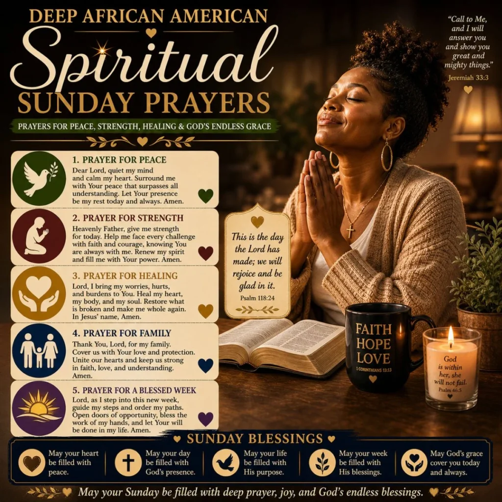 Deep African American spiritual Sunday prayers with praying woman, Bible, candle, and faith blessings
