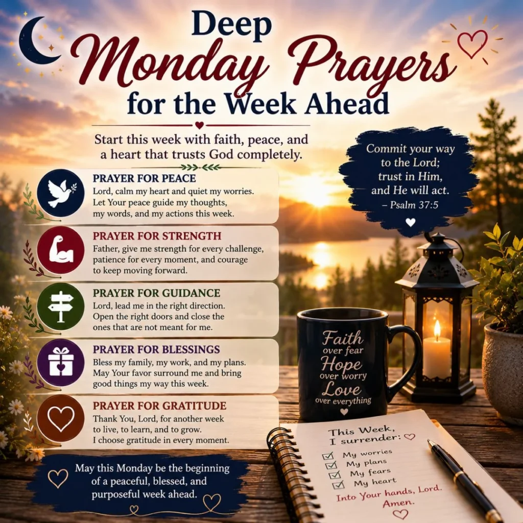 Deep Monday prayers for the week ahead with sunrise, candle, faith mug, journal, and peaceful blessings