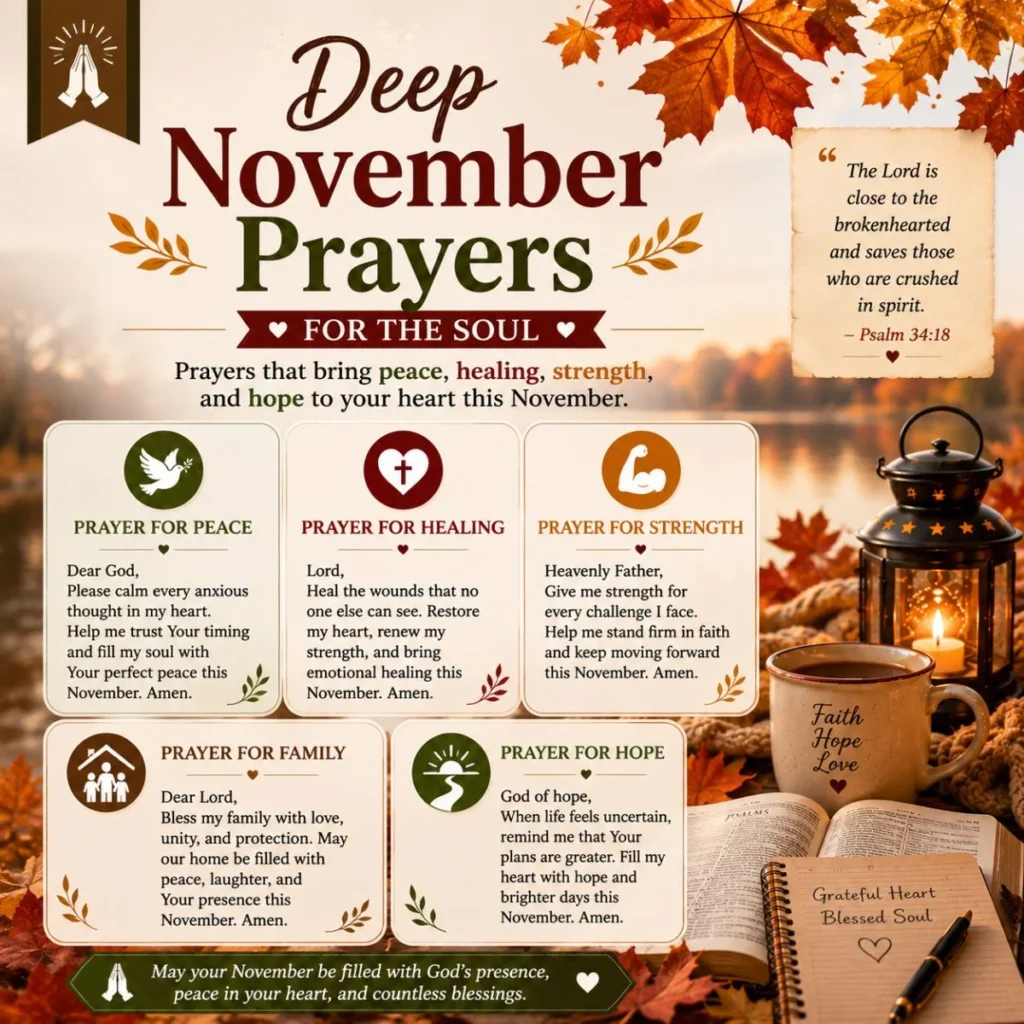 Deep November prayers for peace, healing, strength, hope, and family with cozy autumn candle and coffee