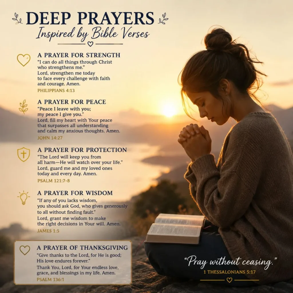 Deep prayers inspired by Bible verses with a woman praying beside an open Bible at sunset