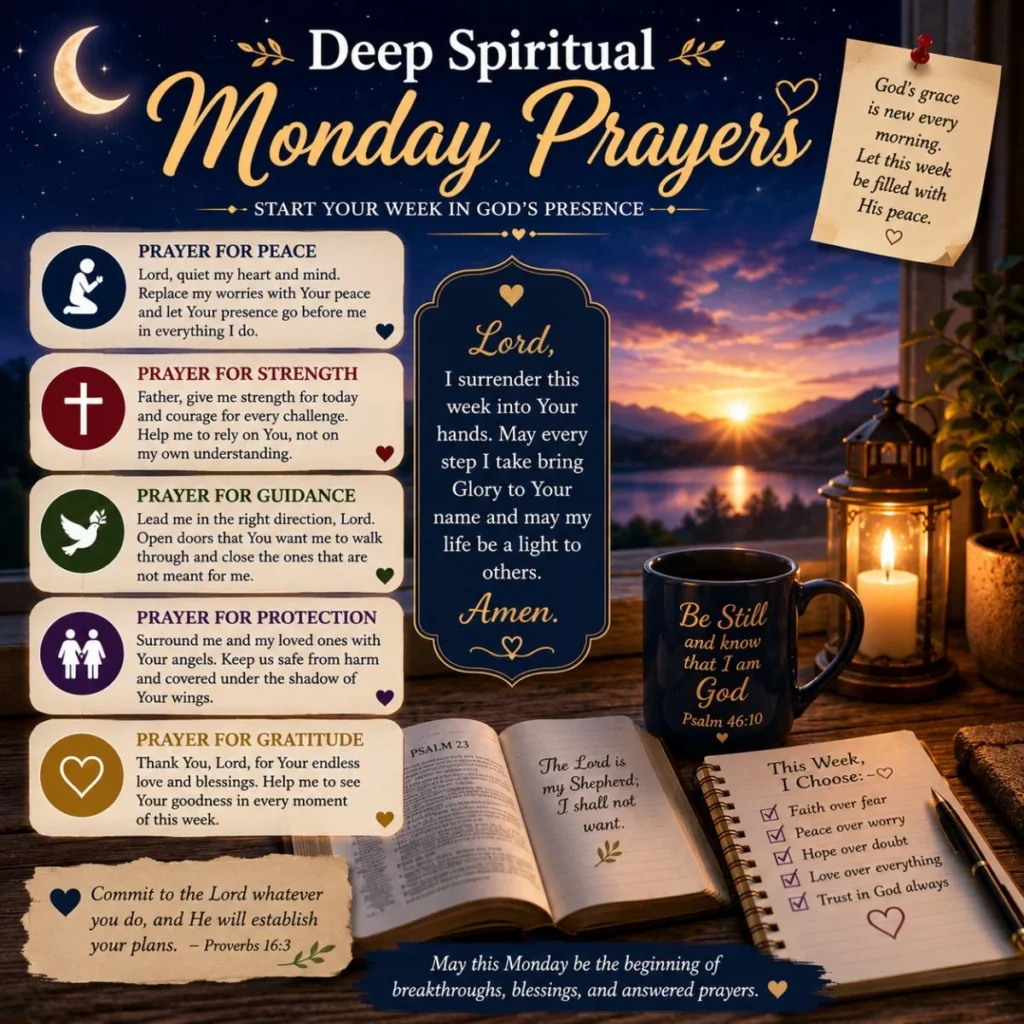 Deep spiritual Monday prayers with Bible, candle, faith mug, moonlight, and peaceful weekly blessings