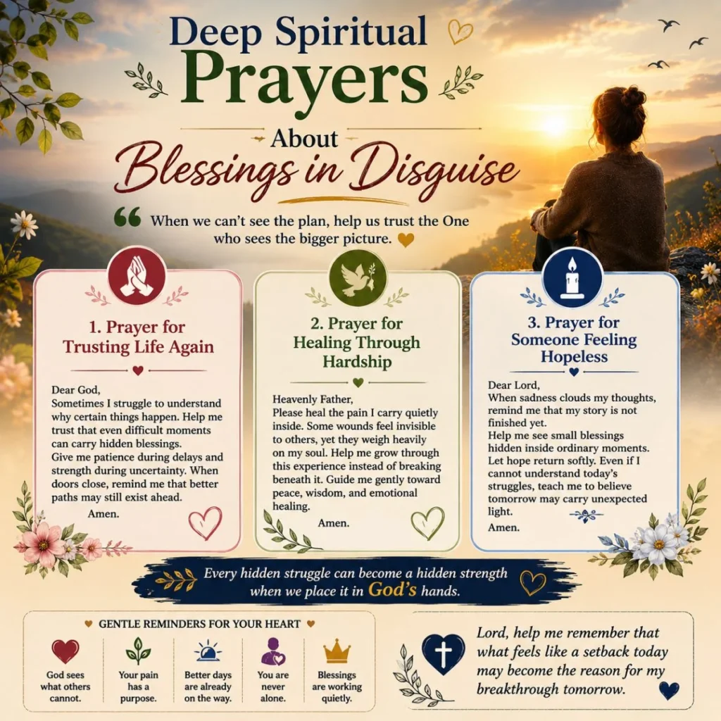 Deep spiritual prayers about blessings in disguise with peaceful sunset and healing faith messages