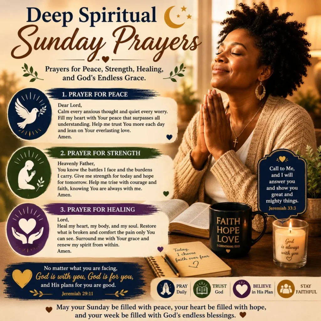 Deep spiritual Sunday prayers with praying woman, Bible, candle, faith mug, and healing blessings