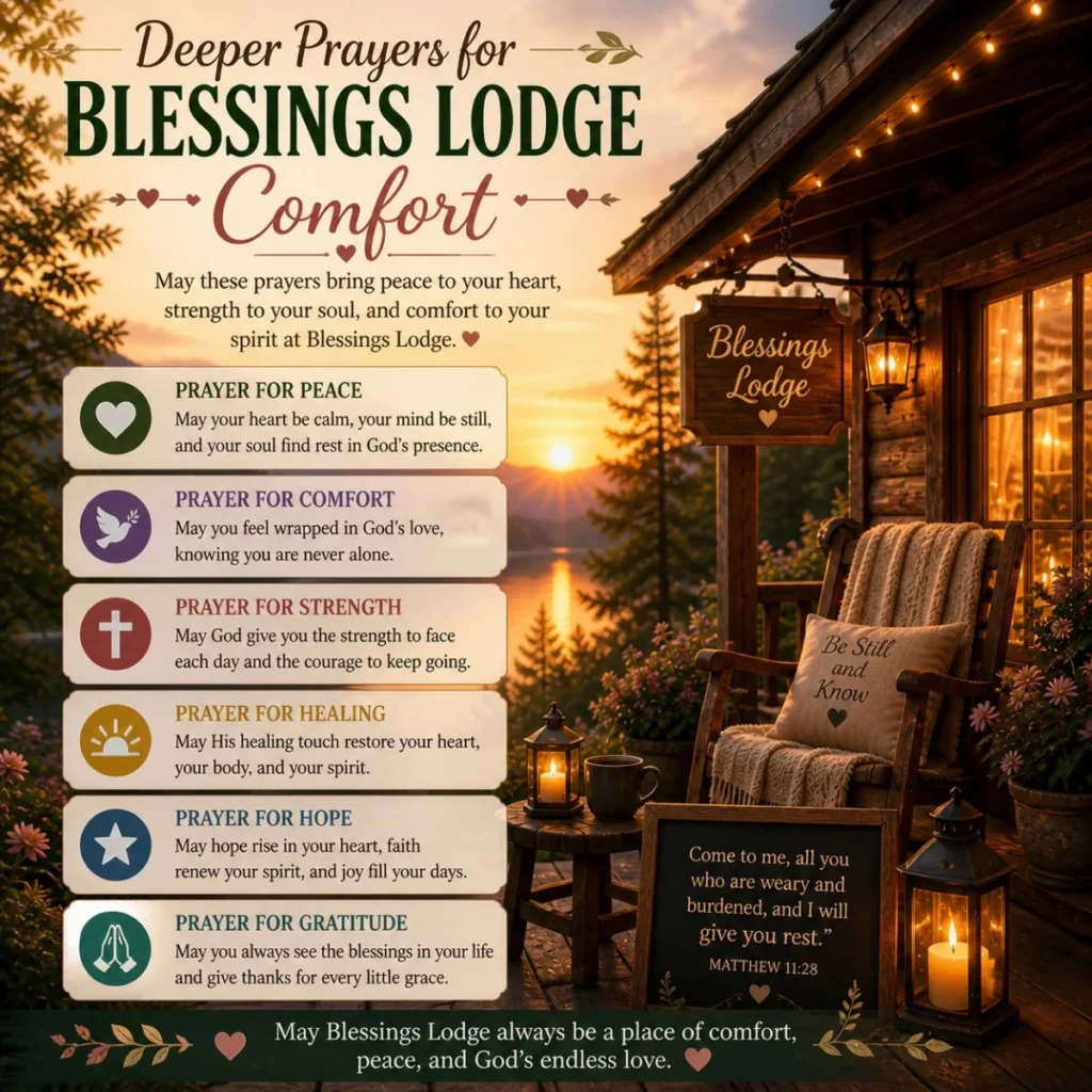 Deeper prayers for blessings lodge comfort with cozy cabin, sunset view, candles and peaceful spiritual setting