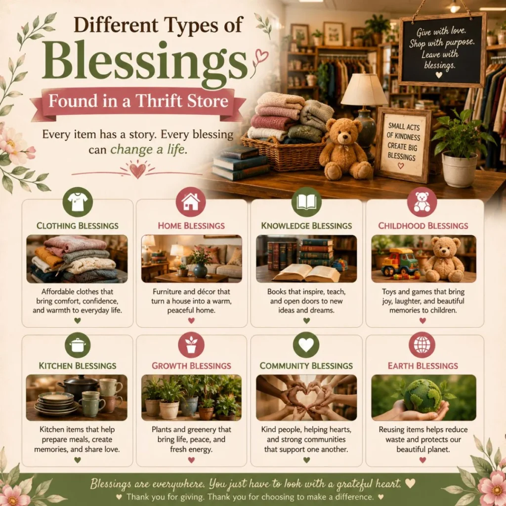 Blessings thrift store infographic showing clothing, home, books, toys, kitchen, and community blessings