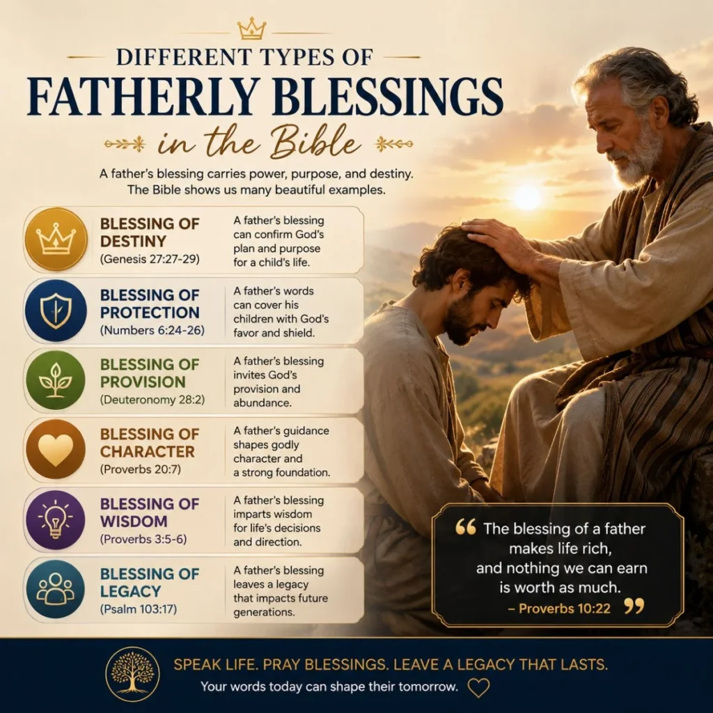 Christian infographic showing different types of fatherly blessings in the Bible with father and son at sunset