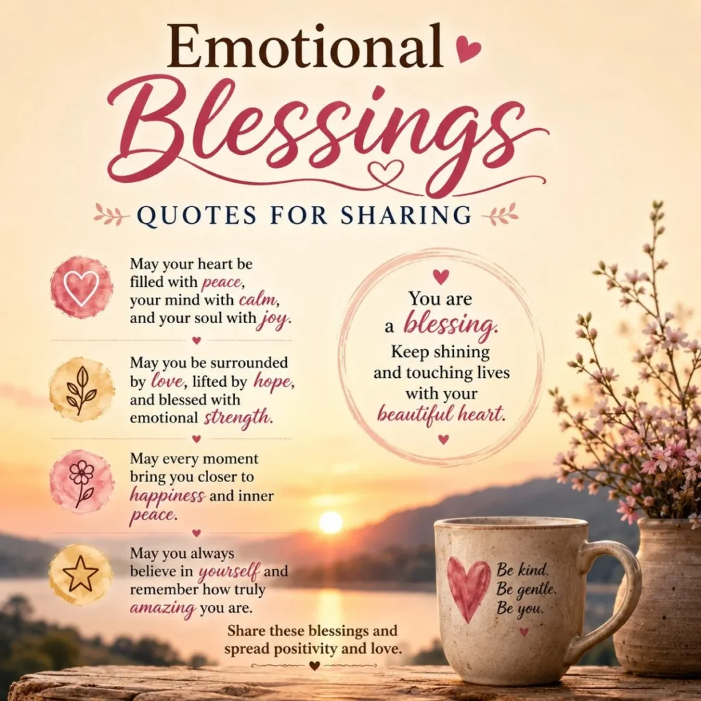 Emotional blessings quotes image with peaceful sunrise, floral decor, and uplifting messages about love and inner peace
