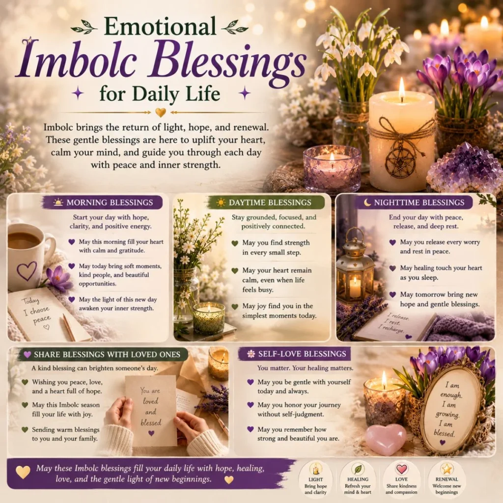 Emotional Imbolc blessings for daily life with candles, flowers, crystals, and peaceful affirmations