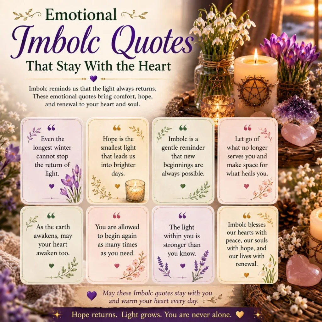 Emotional Imbolc quotes with candles, spring flowers, crystals, and hopeful renewal messages