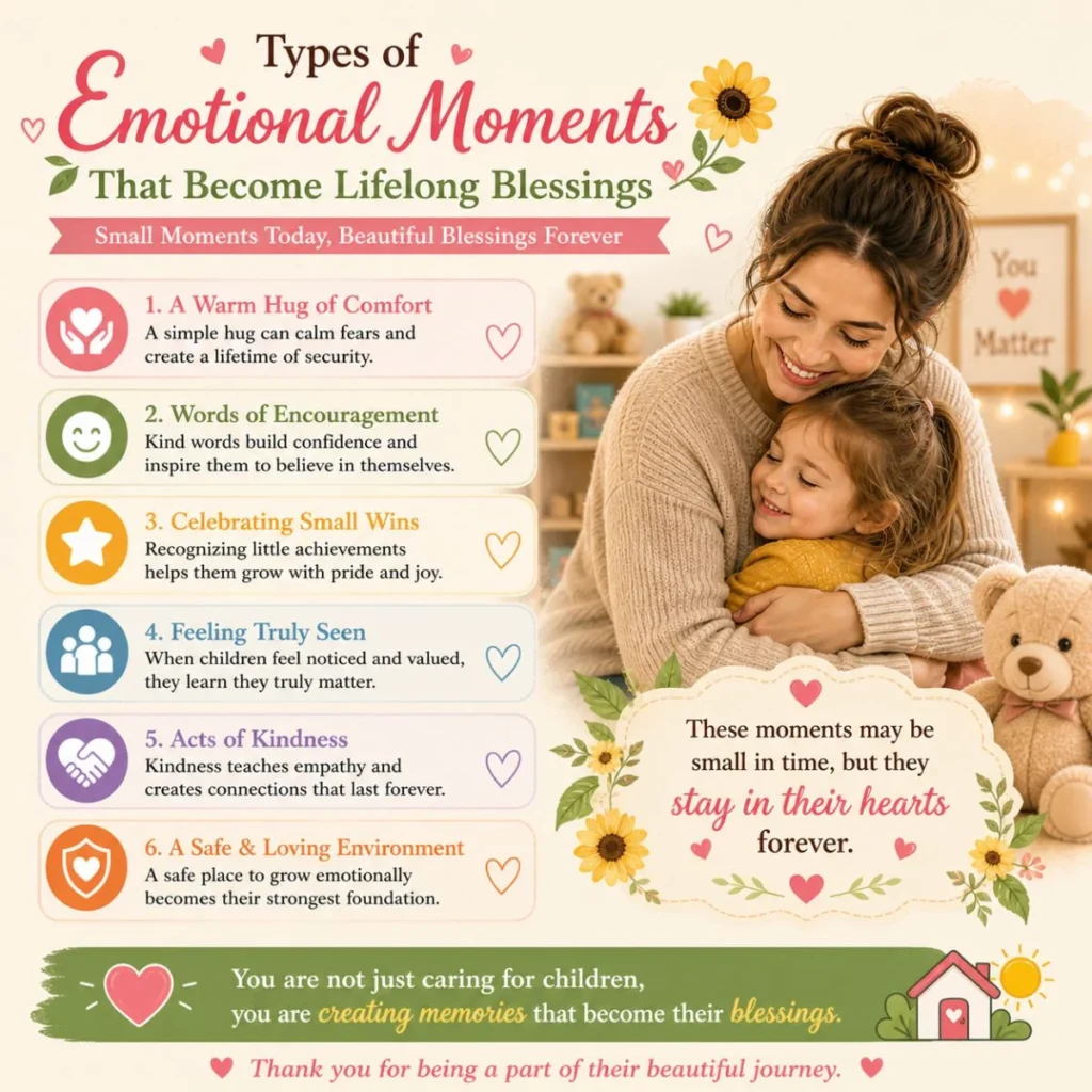 Types of emotional moments that become lifelong blessings with caregiver hugging child in a warm, loving daycare setting