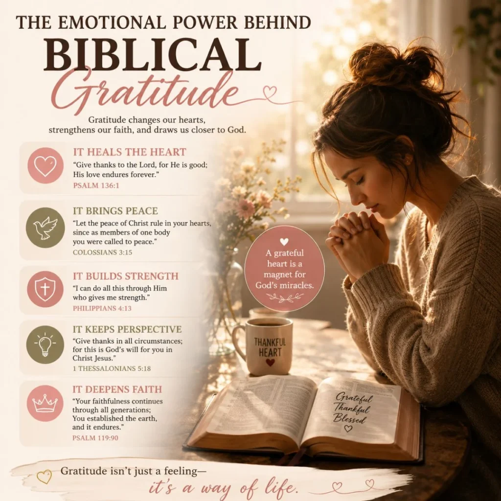 Biblical gratitude image with woman praying beside an open Bible in warm morning light