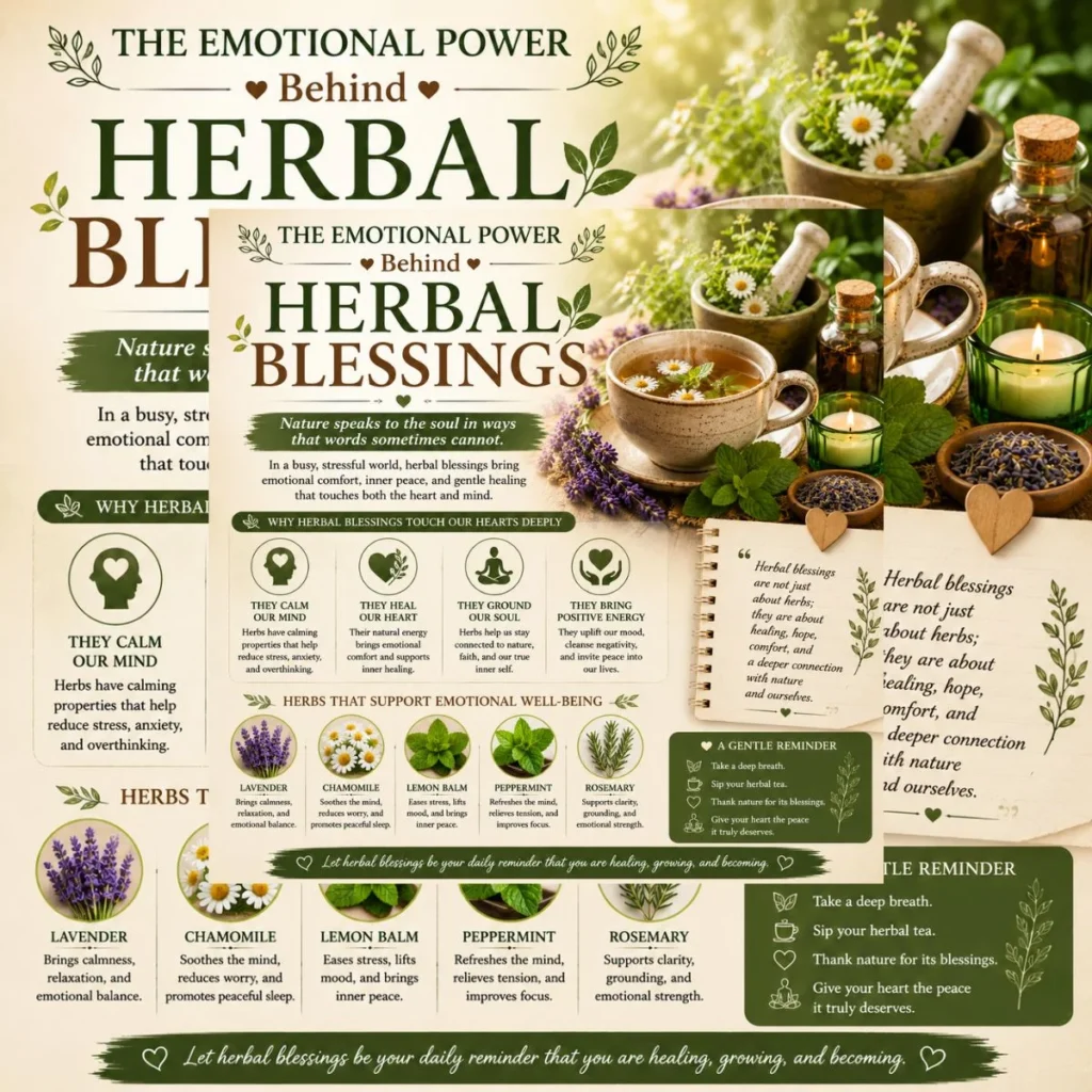 Emotional power of herbal blessings with tea, lavender, chamomile, mint, rosemary, and calming nature