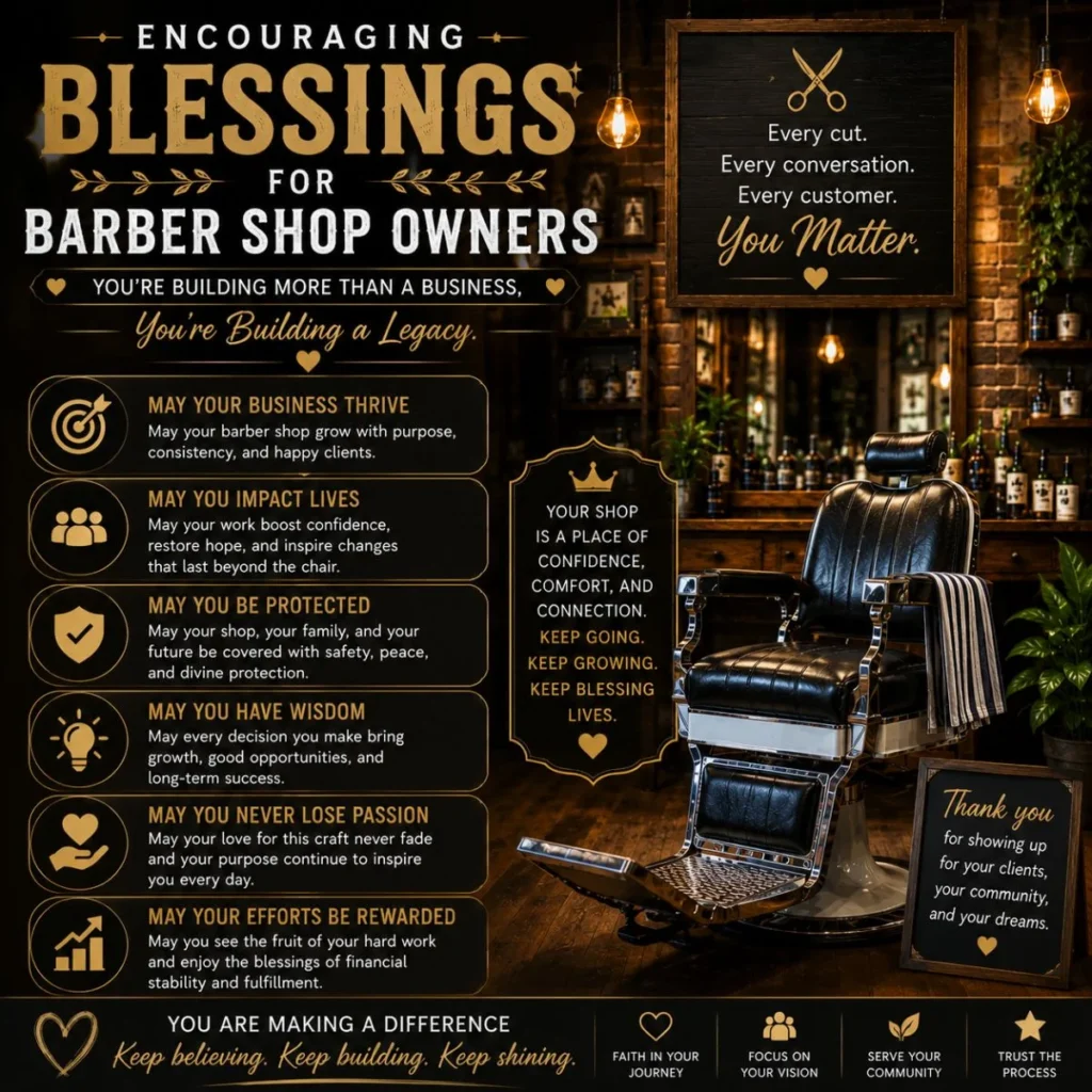 Encouraging blessings for barber shop owners with vintage chair, warm lights, growth and community messages