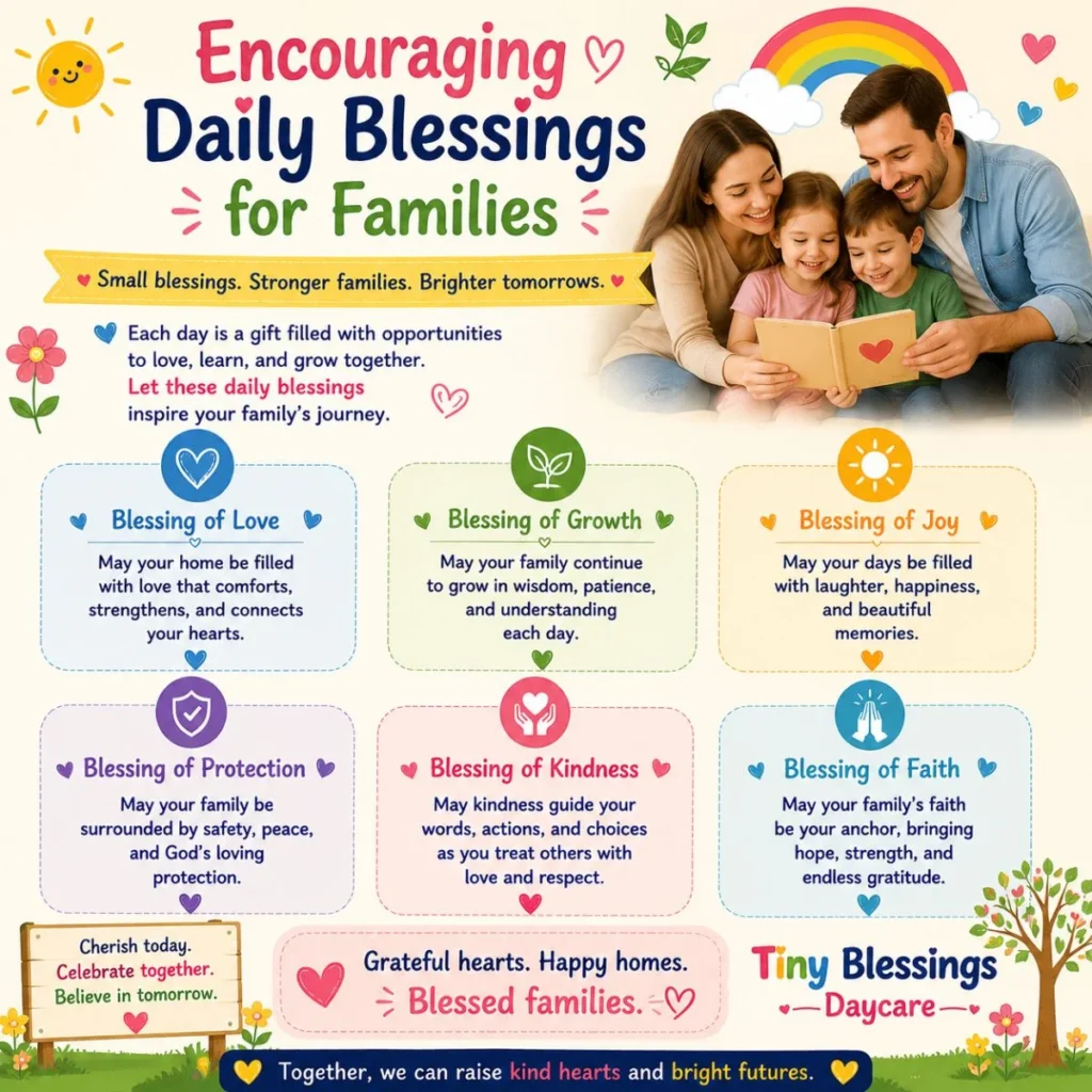 Encouraging daily blessings poster for families with colorful quotes, happy parents, and loving family moments